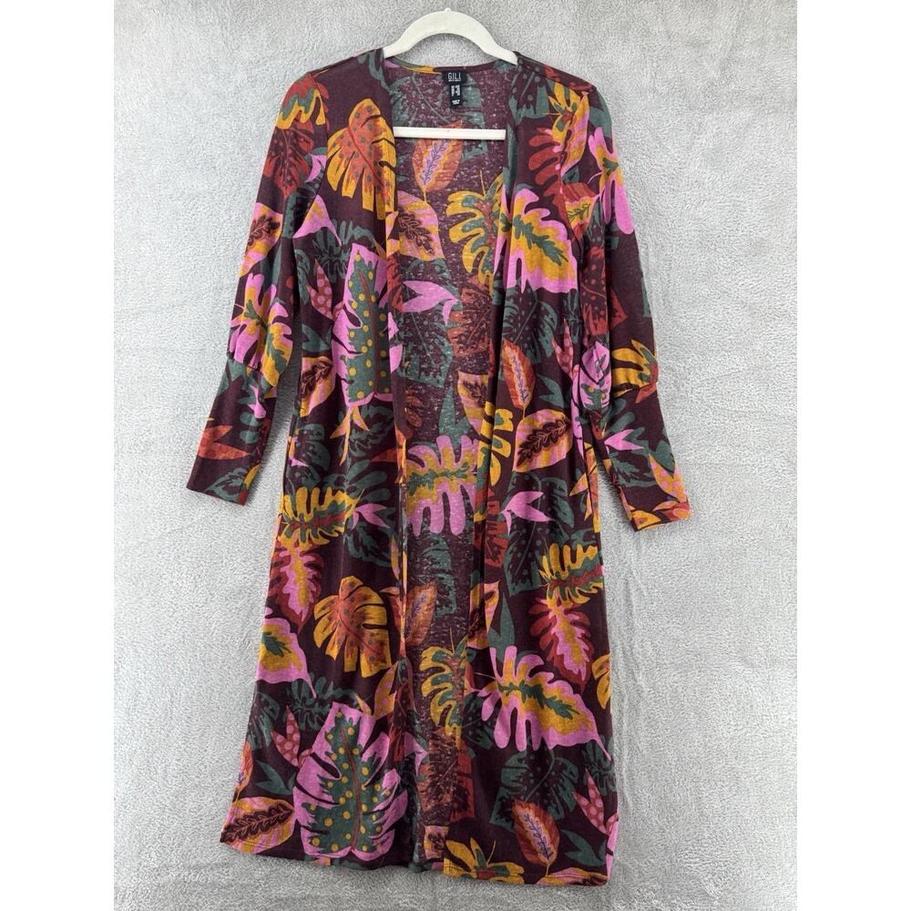 GILI Cardigan Women XXS Burgundy Floral Long Open Front Long Sleeve Boho Art